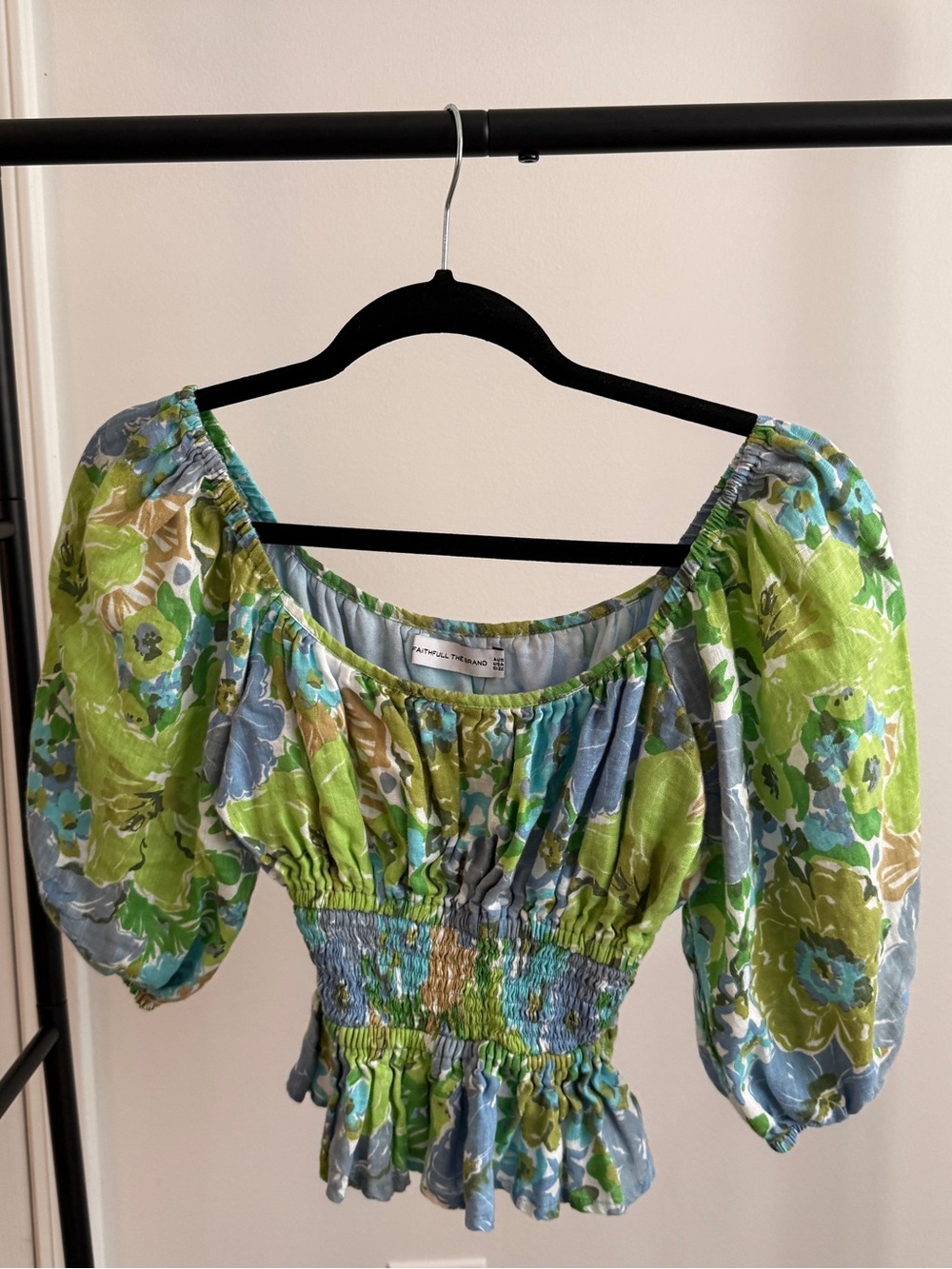 Faithfull the Brand Kinsley Green & Blue Floral Smocked Puff-Sleeve Crop Top